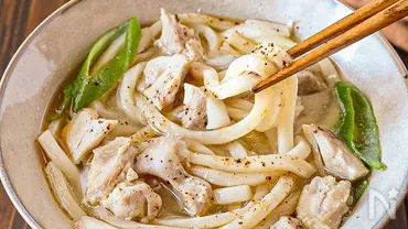 レンジだけ!鶏肉とネギの旨塩うどん】包丁とまな板も無し♡