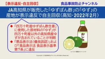 高知県が販売した「ゆずぽん酢」の「ゆず」の産地が表示違反で自主回収(高知・年月)