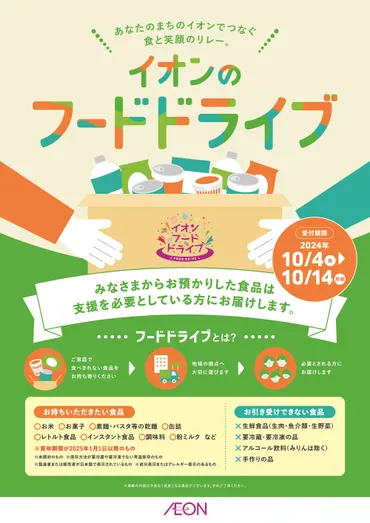 食品ロス削減月間」の10月に全国のイオンで取り組みを強化イオンフードドライブを16社約2000店舗で拡大実施