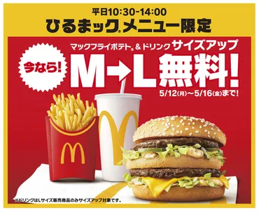 マクドナルド「ひるまック」、ポテト・ドリンクをM→Lサイズアップ無料に、5月12~16日限定(食品産業新聞社ニュースWEB)