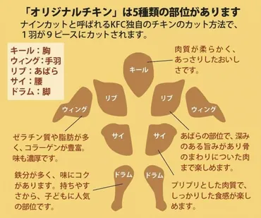 ケンタッキーのチキン、全5部位の名前言えますか? リブ、ドラム…